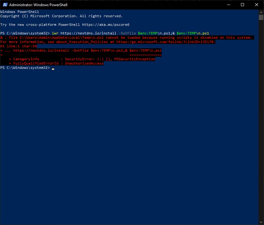PowerShell execution policy error displaying UnauthorizedAccess security error