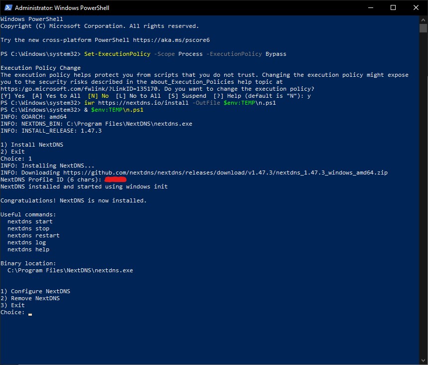Successful NextDNS installation terminal output showing Profile ID prompt